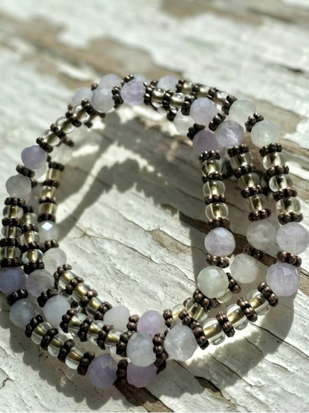 Triple Wrap Lavender Faceted Amethyst & Bronze Tone Beaded Stretchy Bracelet
